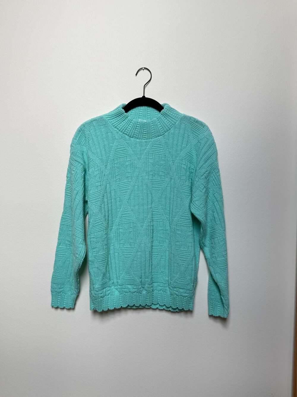 Vintage USA Rose Cable Knit Mockneck Sweater, teal blue green, Size S/M